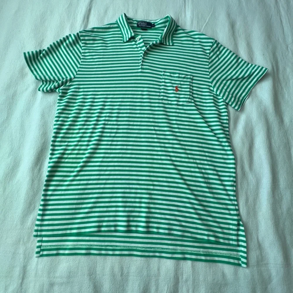 Polo Ralph Lauren VTG Men's Large‎ Green White Striped Polo 100% Cotton Preppy